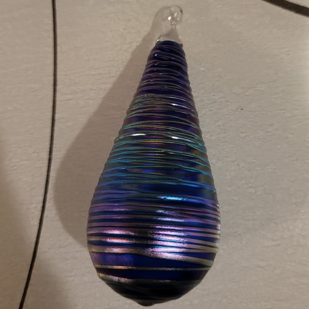 Signed Steven Correia Art Glass Ornament Blue Threaded Teardrop 4"